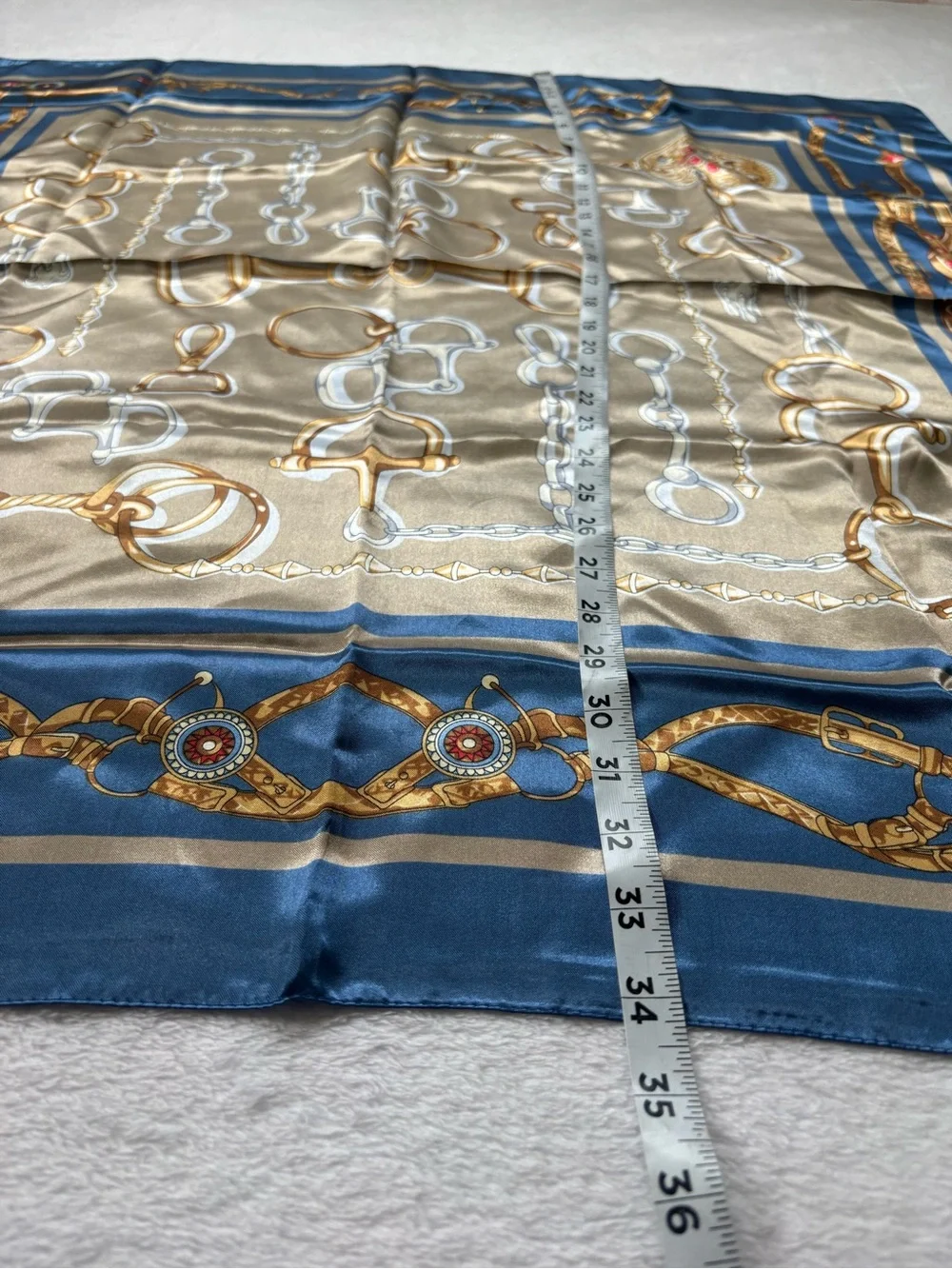 Silk-Feel Navy and Taupe Chain Print Scarf